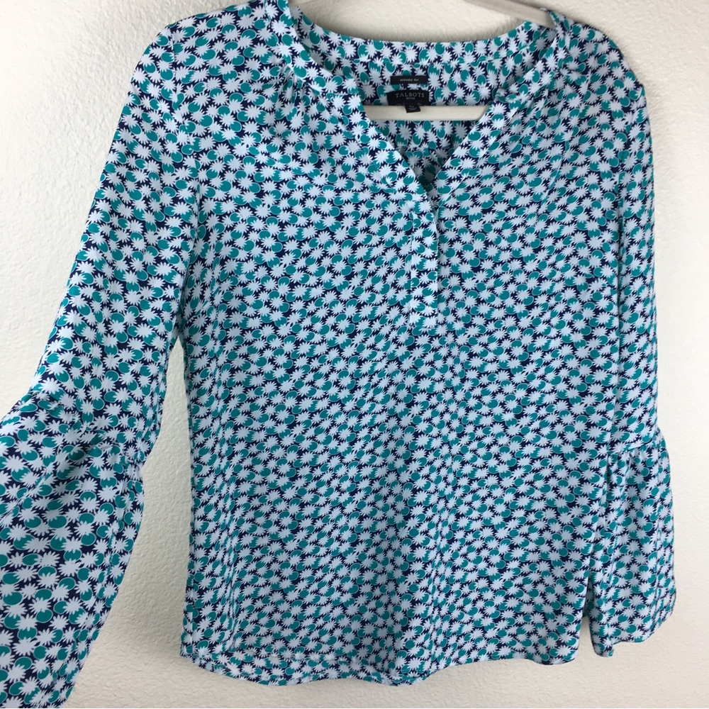 TALBOTS Silk Green White Blouse Long Bell Sleeve Tunic Top Women's Size SP